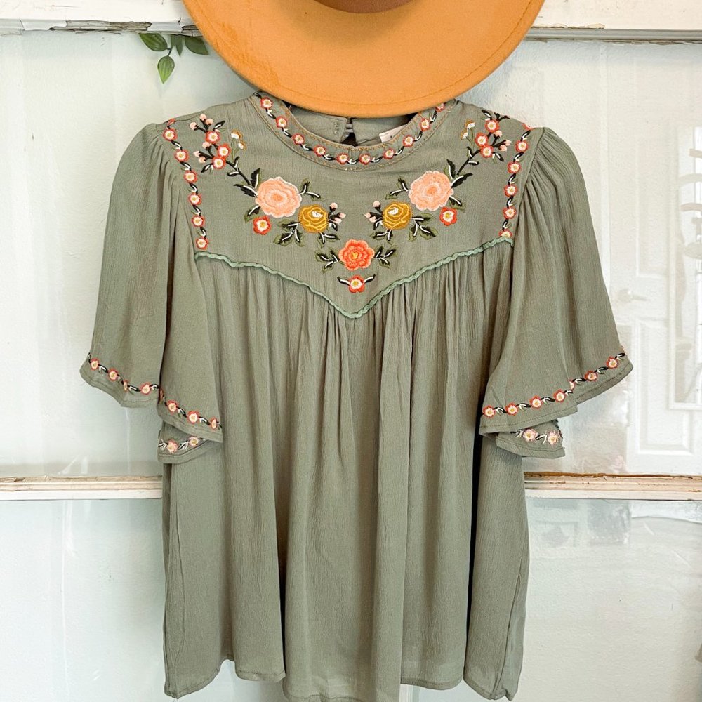 Embroidered Sage Bohemian Blouse - Picture 2 of 4